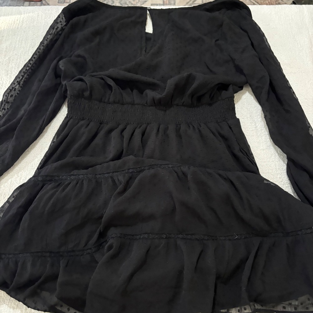 Hollister Black Clip Dot Tiered Lace Trim Smocked Mini Dress Womens Large